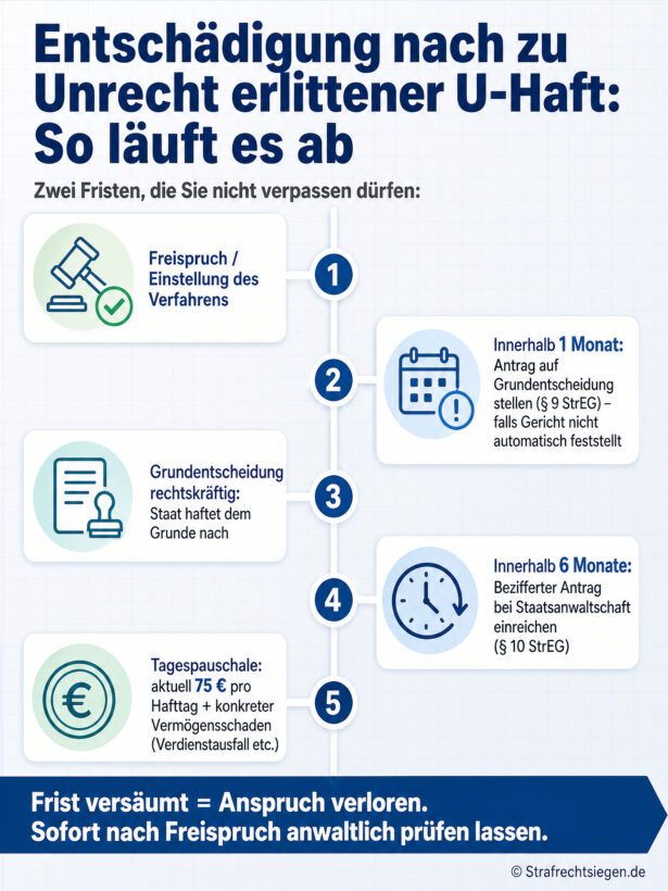 Infografik: Zeitstrahl zum Ablauf und zu den Fristen der Entschädigung nach zu Unrecht erlittener Untersuchungshaft.