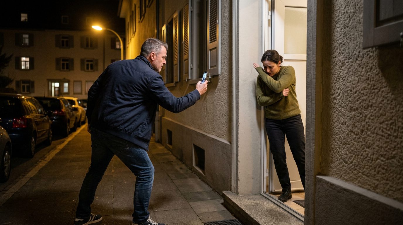 Ein Mann bedroht einen Zeugen an einer Haustür mit einem Smartphone in der Nacht zur Illustration von Verdunkelungsgefahr.