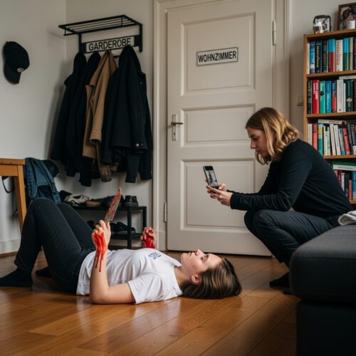 Eine junge Frau inszeniert mit einem Ketchup-Messer einen vermeintlichen Suizid, während ihre Komplizin die Szene mit dem Smartphone filmt, um den später zur Anklage führenden Missbrauch des Notrufs zu belegen.