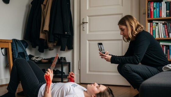 Eine junge Frau inszeniert mit einem Ketchup-Messer einen vermeintlichen Suizid, während ihre Komplizin die Szene mit dem Smartphone filmt, um den später zur Anklage führenden Missbrauch des Notrufs zu belegen.