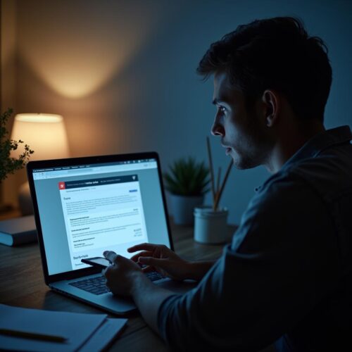 Ein Richter studiert am Laptop konzentriert den gerichtlichen Beschluss zur Einziehung des geringen Tatertrags von 100 Euro, der im Strafverfahren ein wichtiges Prinzip der Vermögensabschöpfung durchsetzt.