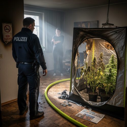 Ein Polizeibeamter begutachtet die bei einer fragwürdigen Hausdurchsuchung entdeckten Cannabispflanzen, die als unerlaubte Anbau-Beweismittel den im Hintergrund stehenden Angeklagten überführten.