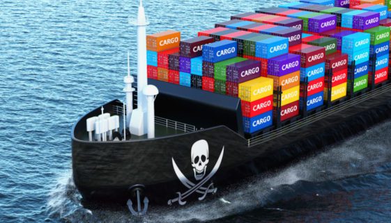 Freighter Ship With Piracy Smuggling Cargo Containers Sailing In