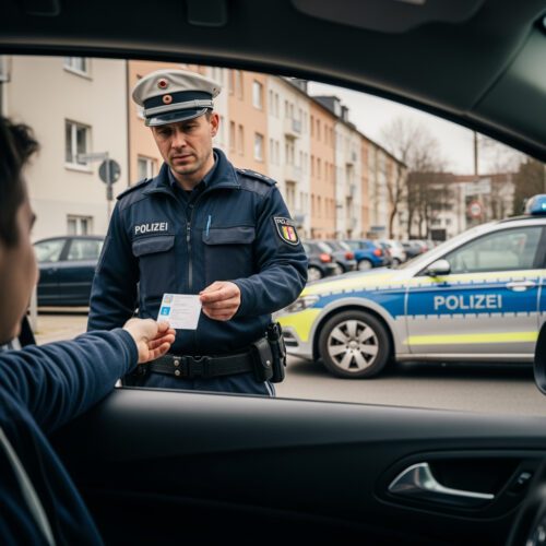 Ein Polizeibeamter prüft bei einer Verkehrskontrolle den polnischen EU-Führerschein eines Autofahrers, der trotz Entzugs der deutschen Fahrerlaubnis weiterfährt.