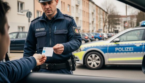 Ein Polizeibeamter prüft bei einer Verkehrskontrolle den polnischen EU-Führerschein eines Autofahrers, der trotz Entzugs der deutschen Fahrerlaubnis weiterfährt.