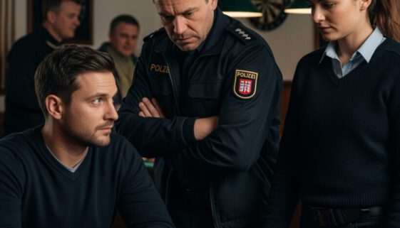 Zwei Polizeibeamte führen eine informatorische Befragung mit einem Autofahrer durch, dessen unbelehrte Aussagen nach einem Verkehrsunfall als unverwertbar galten und dennoch den vorläufigen Entzug seiner Fahrerlaubnis zur Folge hatten.