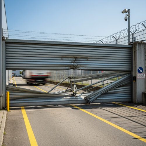 Ein Lastwagen hat auf einem Betriebsgelände ein Rolltor beschädigt, dessen 2.800 Euro Schaden die Sicherheitskamera dokumentiert, während sich der Fahrer unerlaubt vom Unfallort entfernte.