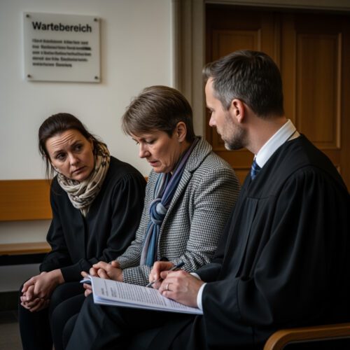Eine vermeintliche Geschädigte einer falschen Verdächtigung studiert mit ihrem Rechtsbeistand und einer zentralen Zeugin den gerichtlichen Ablehnungsbescheid ihres Antrags auf Nebenklage.