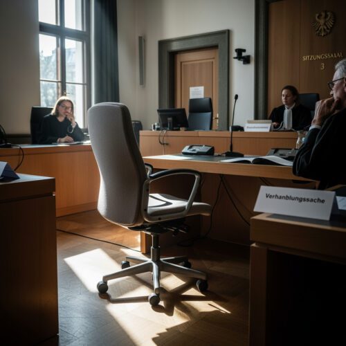 Ein leerer Drehstuhl in einem Verhandlungsraum markiert die Abwesenheit des Dolmetschers, der unentschuldigt einen Gerichtstermin aufhielt. Nur dank einer juristischen Feinheit der fehlenden Ladung entging er dem verhängten Ordnungsgeld.