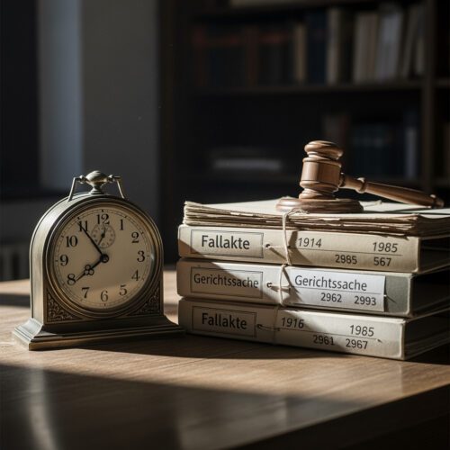 Die antike Tischuhr, unerbittliches Symbol der Verjährungsfrist, und ein Stapel historischer Aktenordner für gewerbsmäßige Geldwäsche spiegeln die langjährige Strafverfolgung wider, deren Unterbrechung der Gerichtshammer nun durch eine kontroverse Entscheidung infrage stellt.