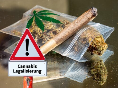 Cannabis Produkte und Legalisierung Warnschild.