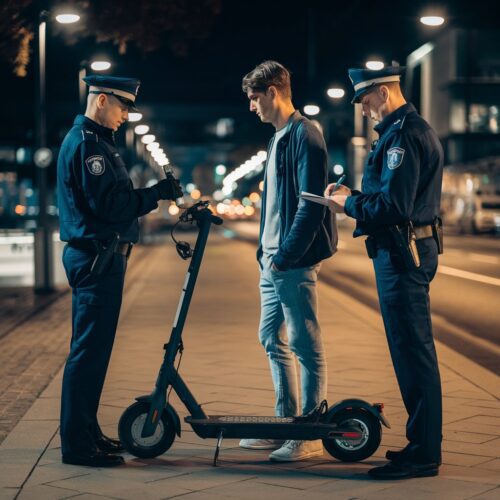 Polizisten führen Atemalkoholtest bei E-Scooter-Fahrer durch