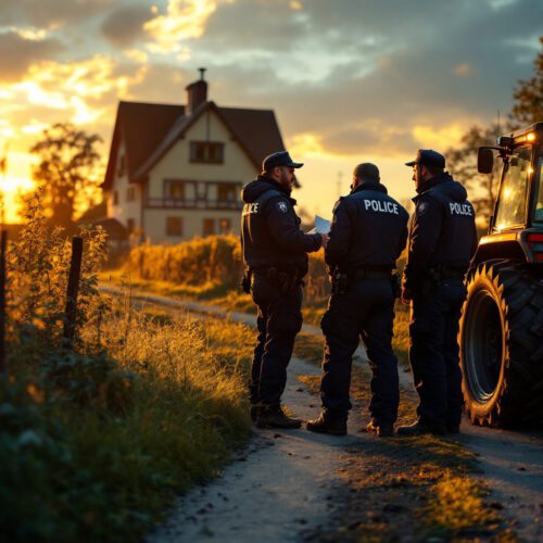 Polizisten kontrollieren Landwirt auf Feldweg beim Traktorfahren