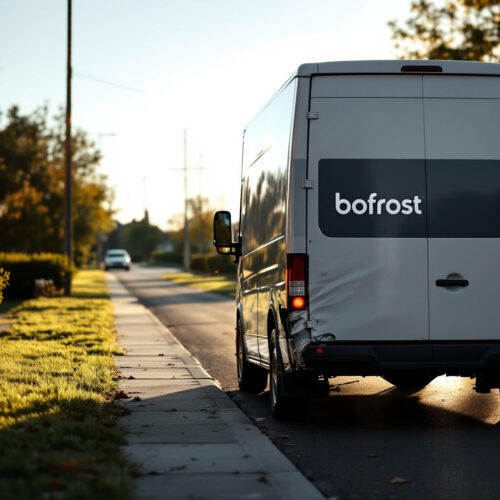 Weißer Bofrost-Lieferwagen streift geparktes Auto an Stoßstange