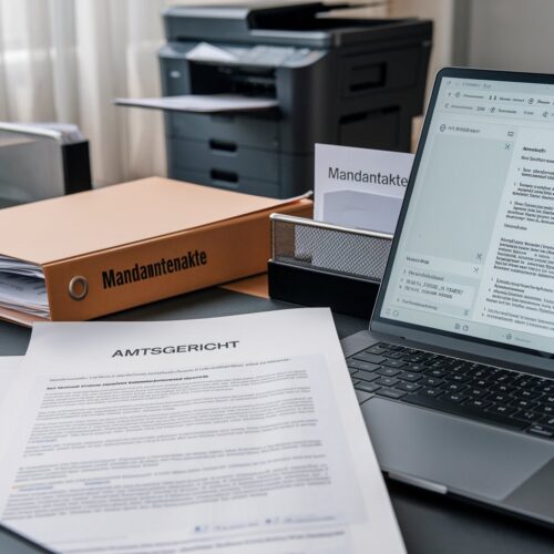 Laptop zeigt digitale Gerichtsakte neben teilweise ausgedruckter Version