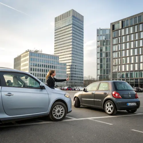 Autofahrerin will nach leichtem Parkplatzunfall wegfahren während andere Person sie aufhalten möchte