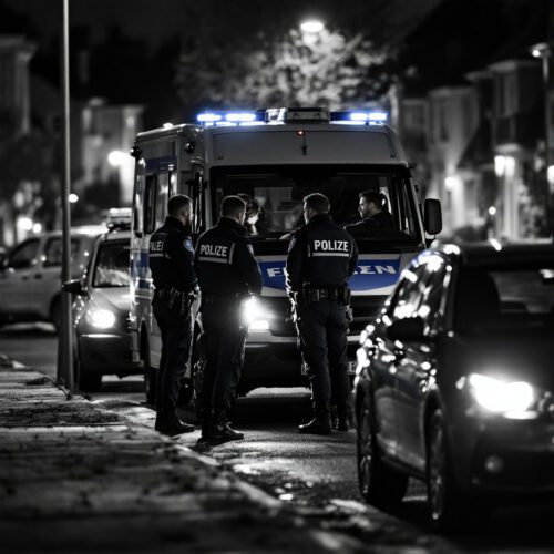 Polizist führt Atemalkoholtest bei Autofahrer auf nächtlichem Parkplatz durch