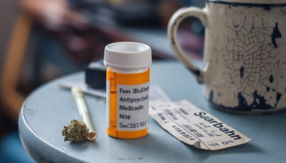 a-photo-of-a-partially-empty-prescriptio_3QCnrDzJSxiKF5sW2hBjKw_XJKRZmfsSeGgYT0_FNXQ7w Tisch mit halb leerer Medikamentenflasche, Cannabisjoint und abgenutztem Saarbahn-Ticket.