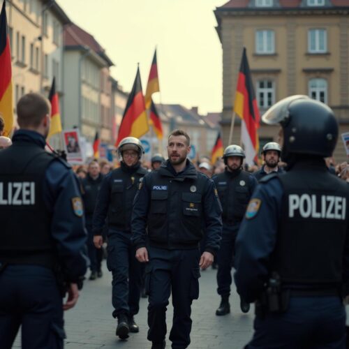 Demonstration in Ingolstadt, Polizei beobachtet die Menge.