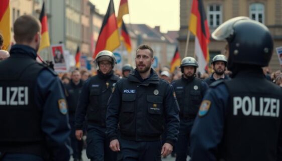 beleidigung-polizeibeamte Demonstration in Ingolstadt, Polizei beobachtet die Menge.