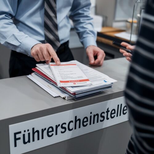 Person reicht Dokumente bei deutscher Führerscheinstelle ein.