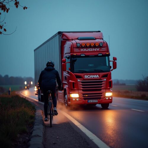 LKW überholt Radfahrer auf Bundesstraße mit gefährlich geringem Abstand.