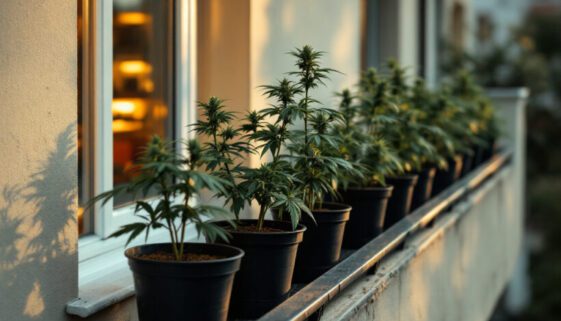 Sechs Cannabispflanzen in schwarzen Töpfen auf typischem deutschen Wohnbalkon