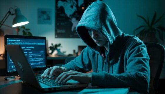 identitaetsdiebstahl-strafrecht Identitätsdiebstahl im Internet: Junger Hacker sitzt vor Laptop und nutzt die Identitäten anderer Bürger für Straftaten wie Betrug.