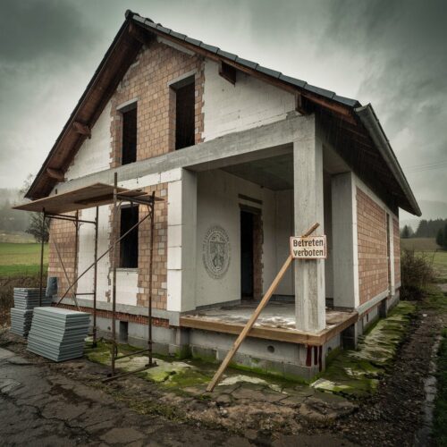 Unfertiges, verfallenes Haus mit offenem Mauerwerk, Scaffolding und "Betreten verboten"-Schild.