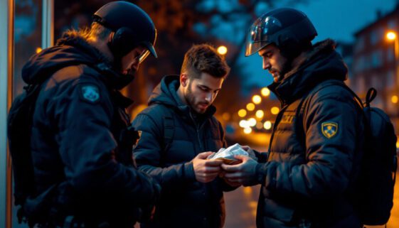 Zwei Polizisten kontrollieren Mann mit Rucksack an Bushaltestelle