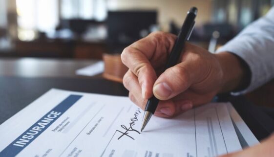urkundenfaelschung-falsche-unterschrift Hand unterschreibt gefälschten Versicherungsantrag mit falschem Namen.