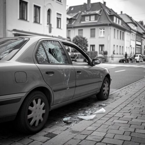 Zerschlagene Autoscheibe an einem geparkten älteren Auto auf deutscher Straße, Glassplitter liegen auf dem Boden.