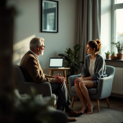 Therapieraum mit einem Mann und einer jungen Frau, die vor einem angespannten Gespräch sitzen.