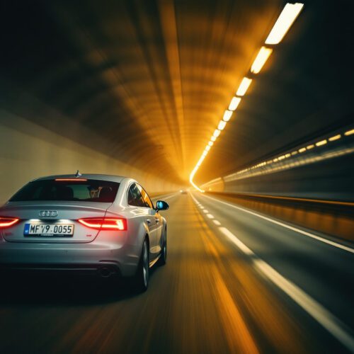 Aggressives Drängeln im Richard-Strauss-Tunnel: Ein Audi A5 folgt einem Fahrzeug dicht auf, Fahrer angespannt.