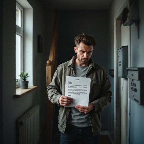 Mann im Flur eines deutschen Wohnhauses, hält Gerichtsbrief, wirkt angespannt und besorgt.