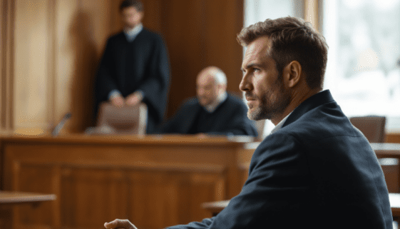 Mann in schlichter Kleidung sitzt am Tisch im Gerichtssaal, Blick nachdenklich, vor Verhandlung.