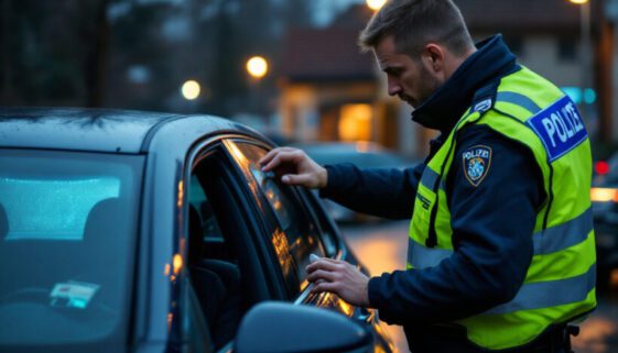 blutprobenanordnung-bussgeldverfahren Polizist erklärt Fahrer Bluttest an deutscher Raststätte, Polizeiauto im Hintergrund.