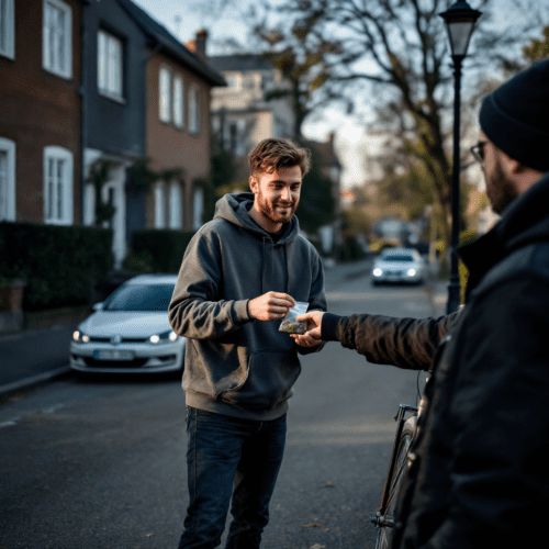 Junger Mann in Hamburg erhält eine Tüte mit Cannabis auf einer ruhigen Wohnstraße.Junger Mann in Hamburg erhält eine Tüte mit Cannabis auf einer ruhigen Wohnstraße.