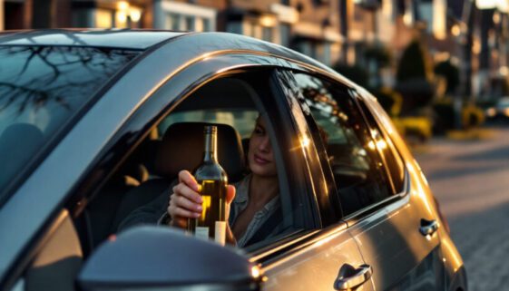 fahrerlaubnisentzug-trunkenheit Frau, sichtbar betrunken, sitzt im silbernen Volkswagen Golf, bereit, in einer Wohnstraße zu fahren.