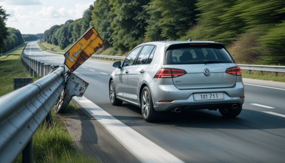 fahrerlaubnisentzug-unfallflucht-leitplankenschaden Silberner Volkswagen Golf beschleunigt nach einem Zusammenstoß auf der Autobahn, beschädigte Leitplanke im Hintergrund.Silberner Volkswagen Golf beschleunigt nach einem Zusammenstoß auf der Autobahn, beschädigte Leitplanke im Hintergrund.