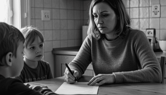 interessengegensatz-elternteil-kind Mutter diskutiert angespannt rechtliche Dokumente mit ihrem Kind am Tisch in minimalistischer Küche.