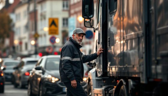 pflichtverteidiger-fahrerlaubnisentziehung-berufskraftfahrer Mann in Arbeitskleidung verlässt unfreiwillig Unfallszene mit beschädigtem Lieferwagen in deutscher Stadt.