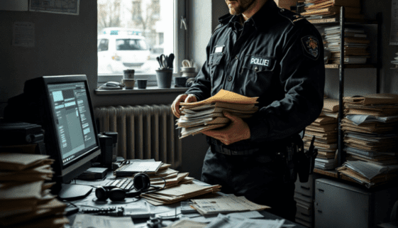 staatsanwaltliche-kontrolle-ermittlungen Polizeibeamter im unordentlichen Büro mit Case-Dateien und einem Paar Kopfhörer auf dem Tisch.