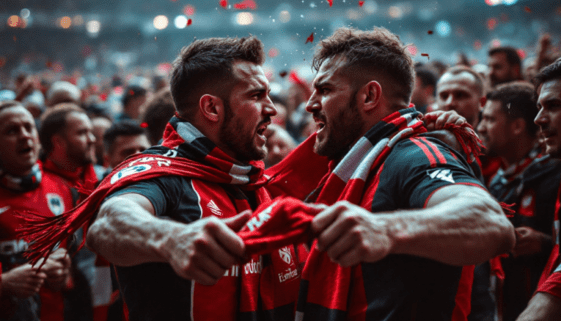 Zwei Eintracht Frankfurt-Fans konfrontieren sich nach dem Spiel, umgeben von überraschten Zuschauern.Zwei Eintracht Frankfurt-Fans konfrontieren sich nach dem Spiel, umgeben von überraschten Zuschauern.