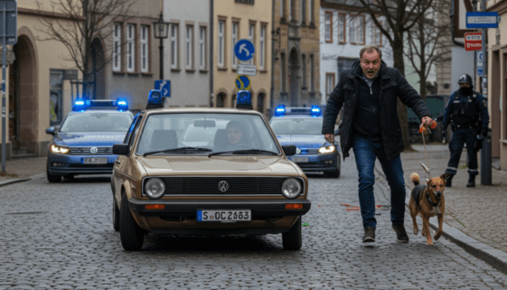 strassenverkehrsgefaehrdung-berauschende-mittel Polizeiauto verfolgt flüchtenden Fahrer, während ein Fußgänger mit Hund ausweicht. Dramatische Szene in deutscher Stadt.