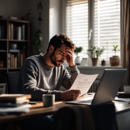 Mann sitzt in heimischem Büro, hält Krankmeldung und schaut besorgt auf Laptop mit leeren E-Mail-Entwurf.