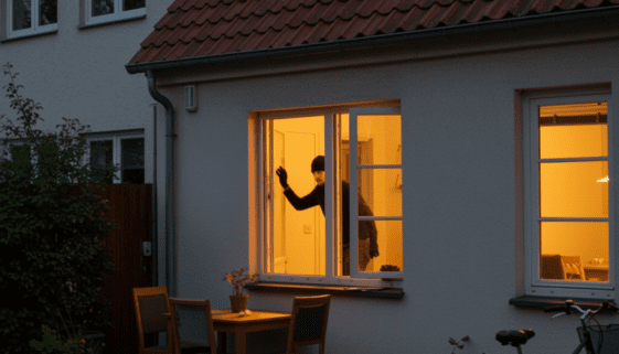 widerrufsentscheidung-stgb Ein Burglär bei Einbruchversuch durch ein offenes Fenster in einem deutschen Reihenhaus.