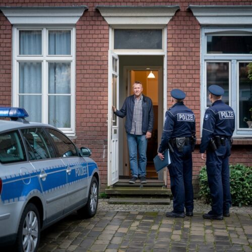 Mann in Bremer Reihenhaus steht verwirrt im Türrahmen, während zwei Polizisten davor stehen.