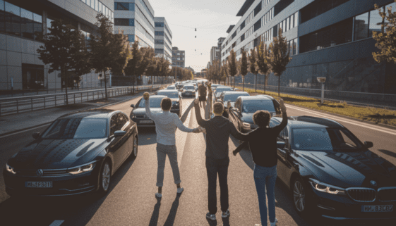 strassenblockade-strafbarkeit Klimaaktivisten kleben auf einer deutschen Straße, wodurch der Verkehr zum Stillstand kommt. Autofahrer zeigen Verwirrung.