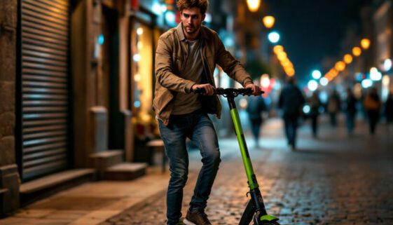 trunkenheitsfahrt-e-scooter (2) Junger Mann auf einem E-Scooter auf Kopfsteinpflaster, wirkt unsicher; abends, schwaches Licht, Fußgänger im Hintergrund.